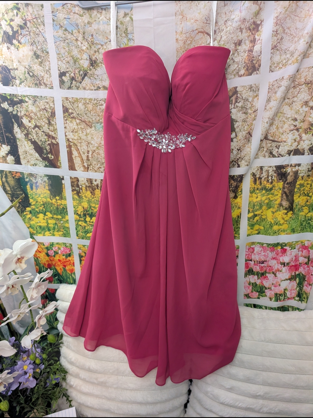 Bill Levkoff Strapless Sweetheart Dress in Fuchsia with Crystal Accent